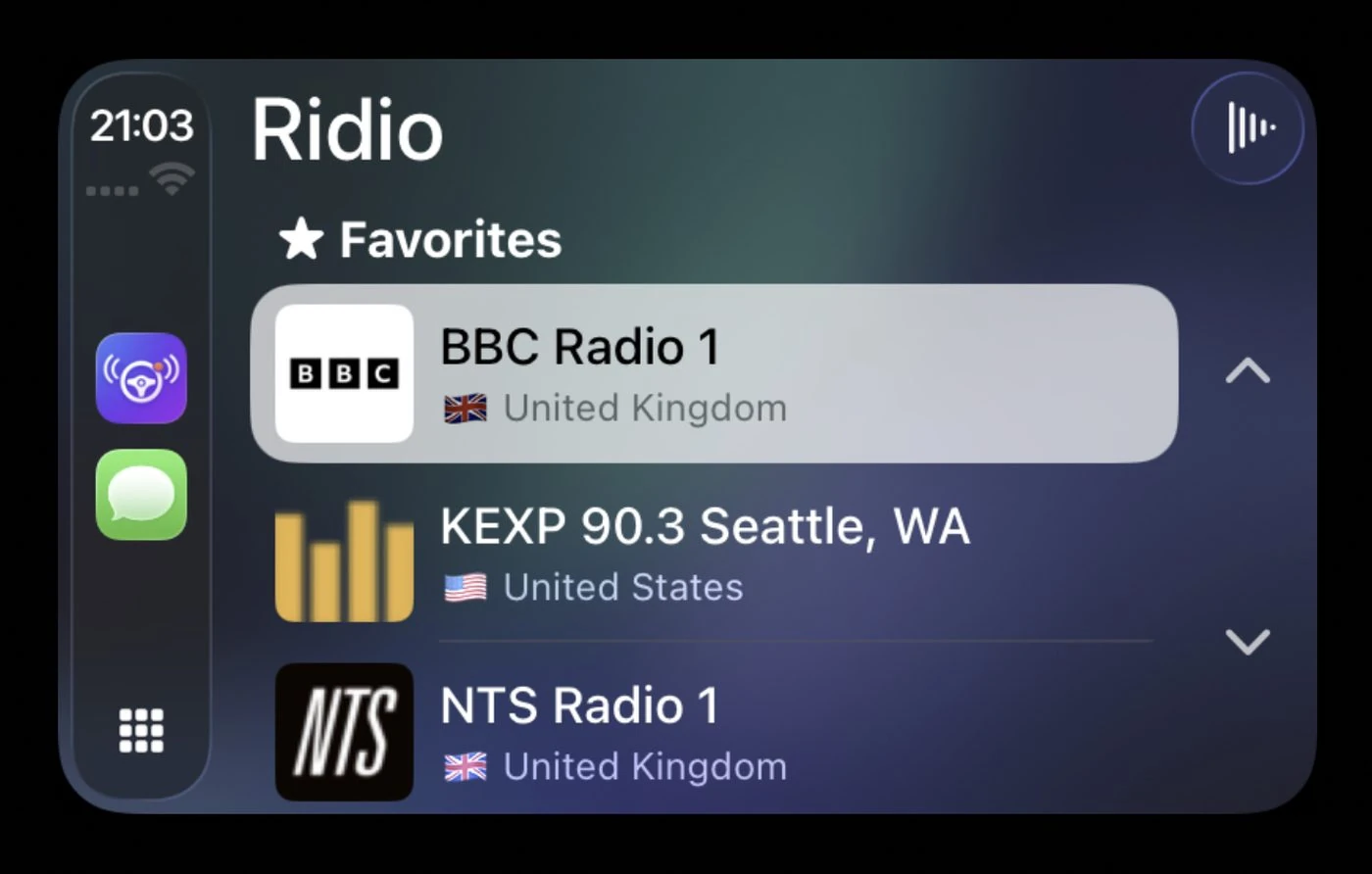 Ridio running on CarPlay