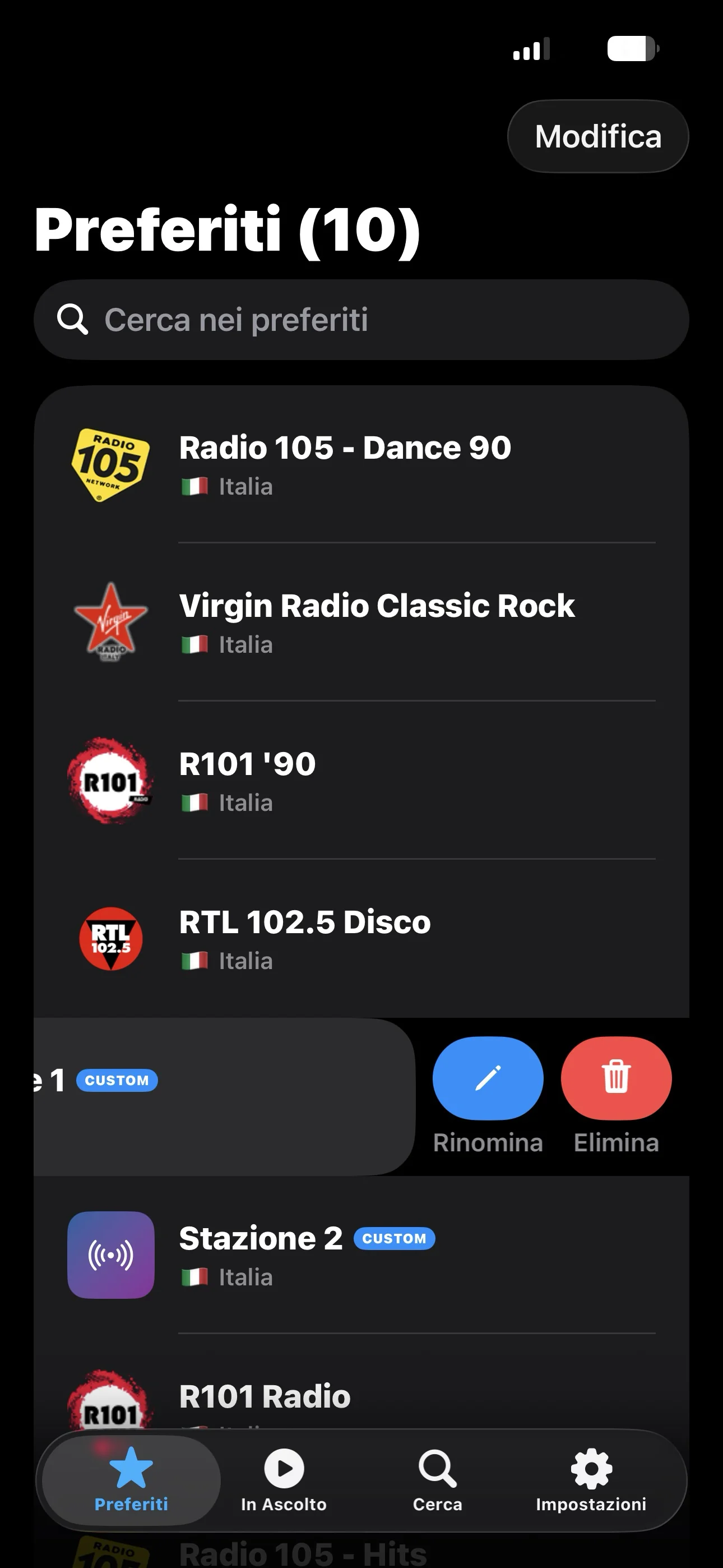 Schermata Preferiti con stazioni custom e swipe per rinominare